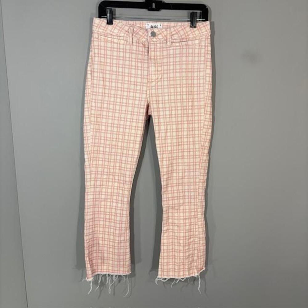 Paige Colette Crop Flare Jeans Womens 28 Pink Plaid Slim Raw Hem 30x26 Denim